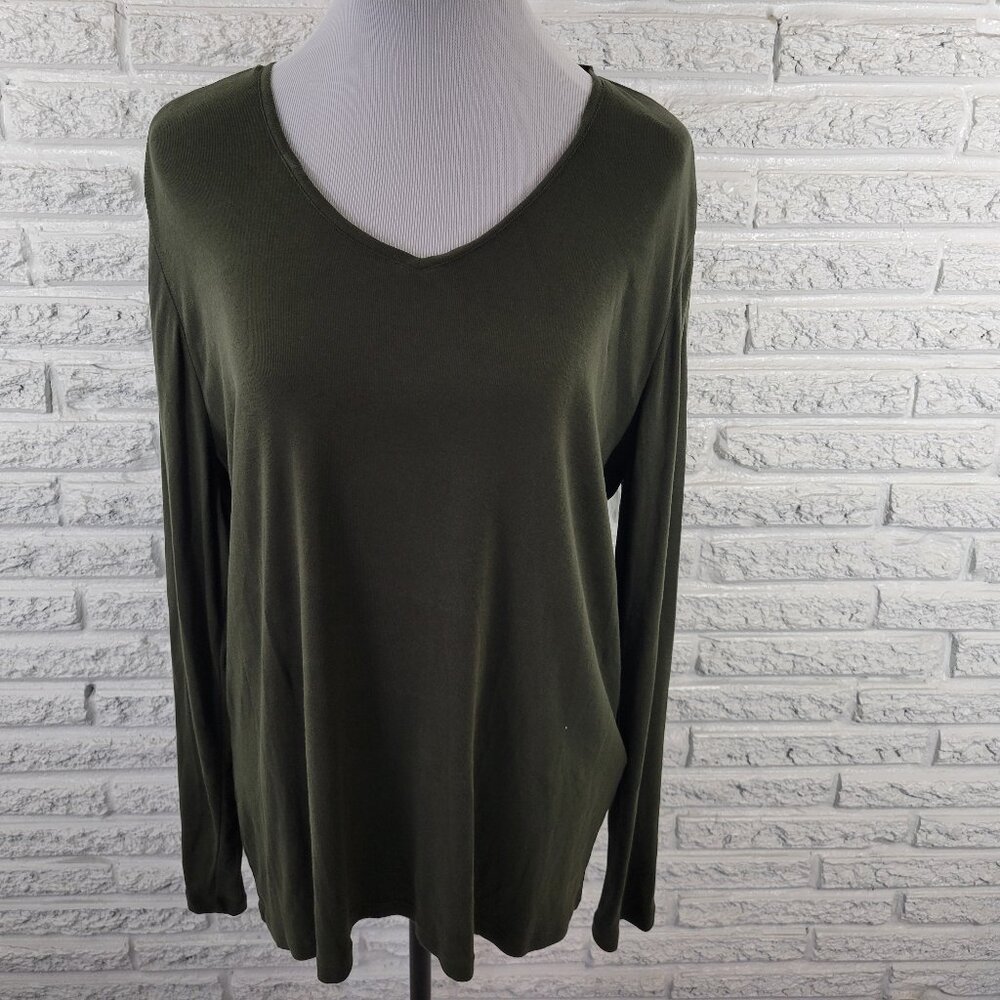 Chico's Women's XL Green Tee V-Neck Long Sleeve 100% Cotton Pullover GRE52E